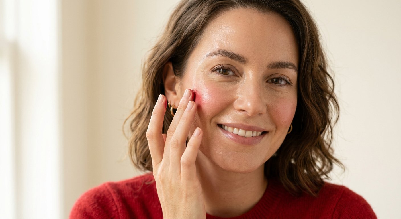 A smiling woman tapping cream blush onto the apple of her cheek with her fingertips, glowing skin against a warm ivory background