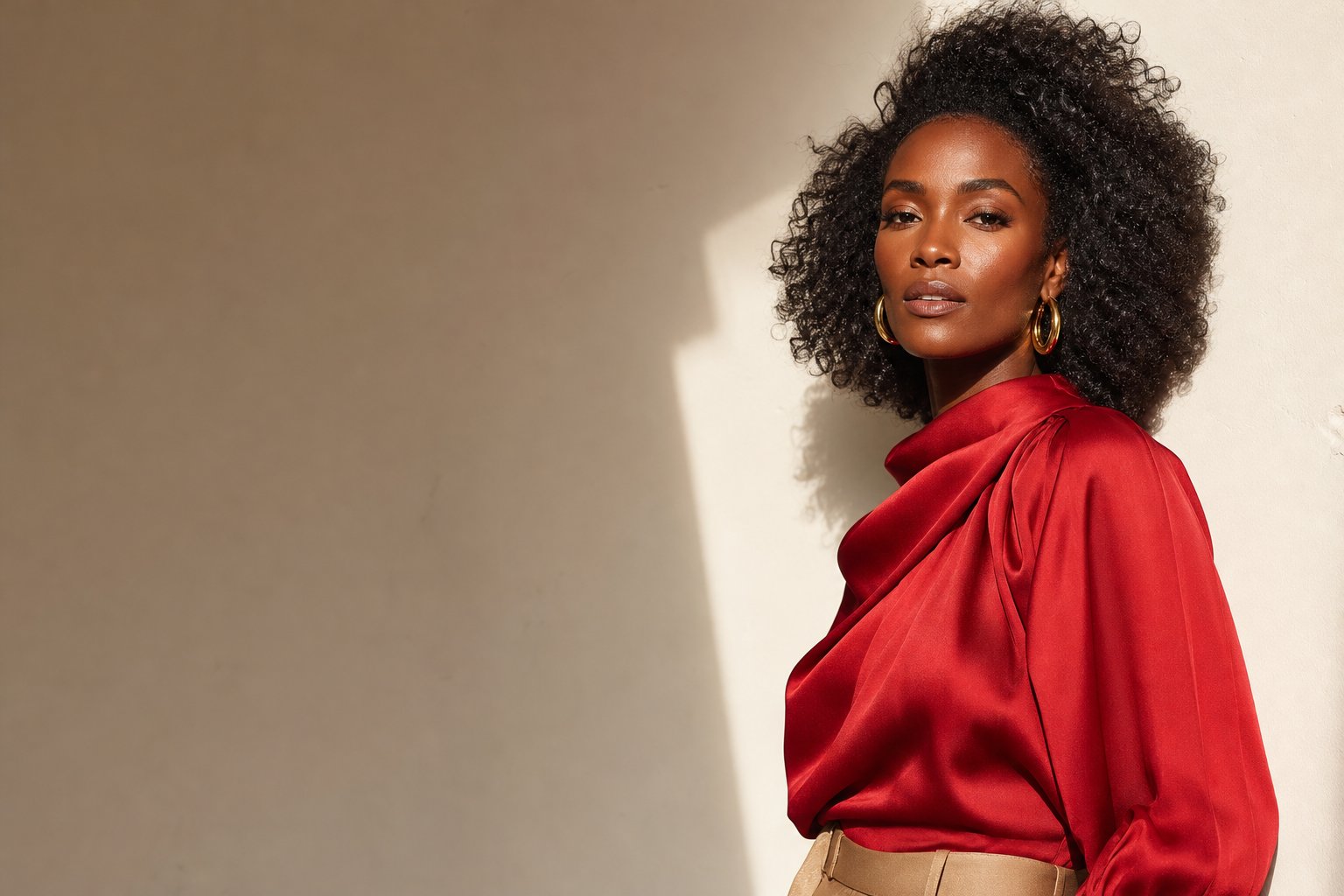 A confident woman in a sculptural cherry-red blouse and gold earrings