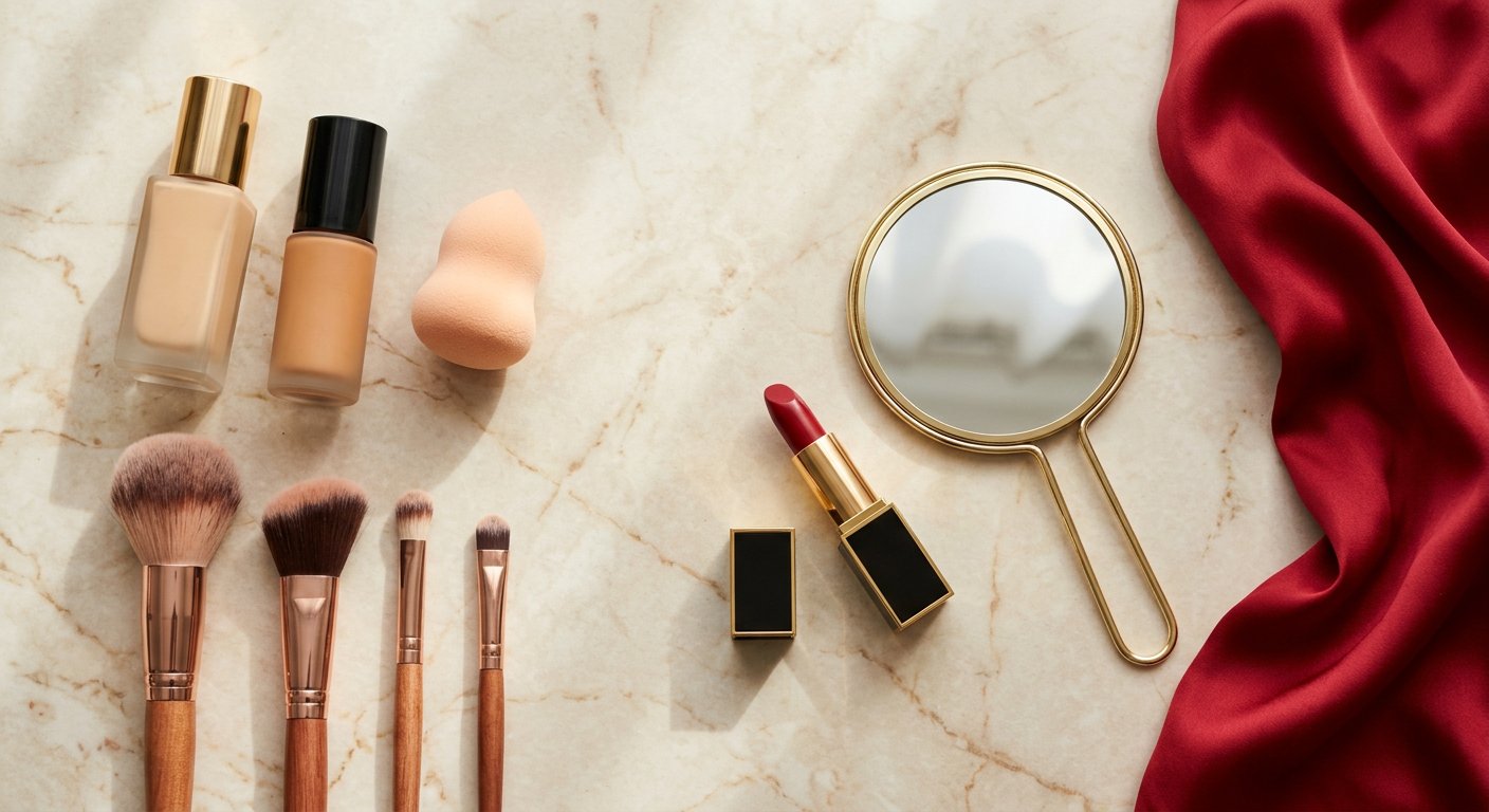 Flat lay of everyday foundation bottles, brushes, a beauty sponge and lipstick on a marble vanity with a cherry-red silk accent